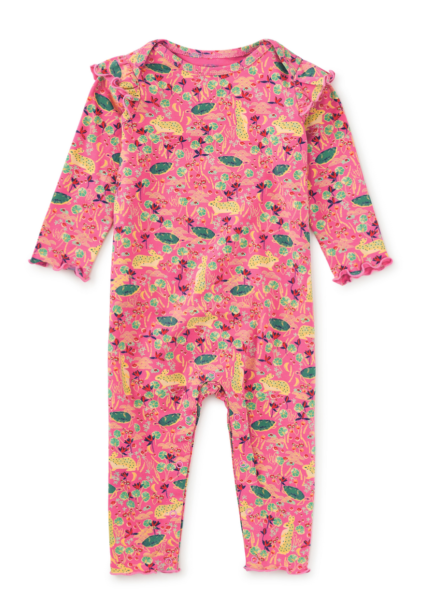 Rabbit & Turtle Folktale Ruffle Shoulder Baby Romper – Sweet Pea Children